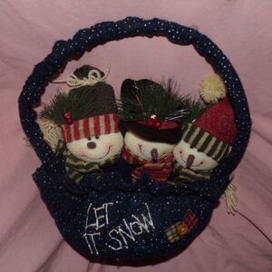 Christmas Basket Fabric w/ Handle blue print w/ 3 Snowman Heads on Back Edge
